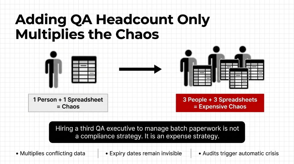 Diagram showing how adding QA headcount multiplies chaos with conflicting spreadsheets instead of solving organic food batch tracking compliance problems