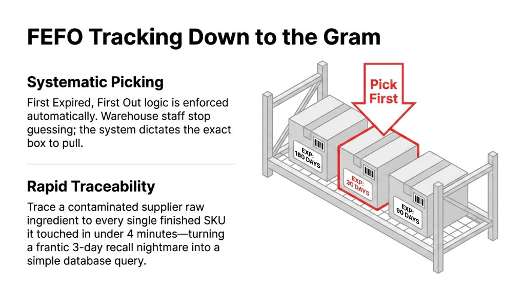 FEFO first expired first out tracking for pet food D2C showing systematic picking enforcement and rapid traceability from contaminated supplier batch to every finished SKU in under 4 minutes