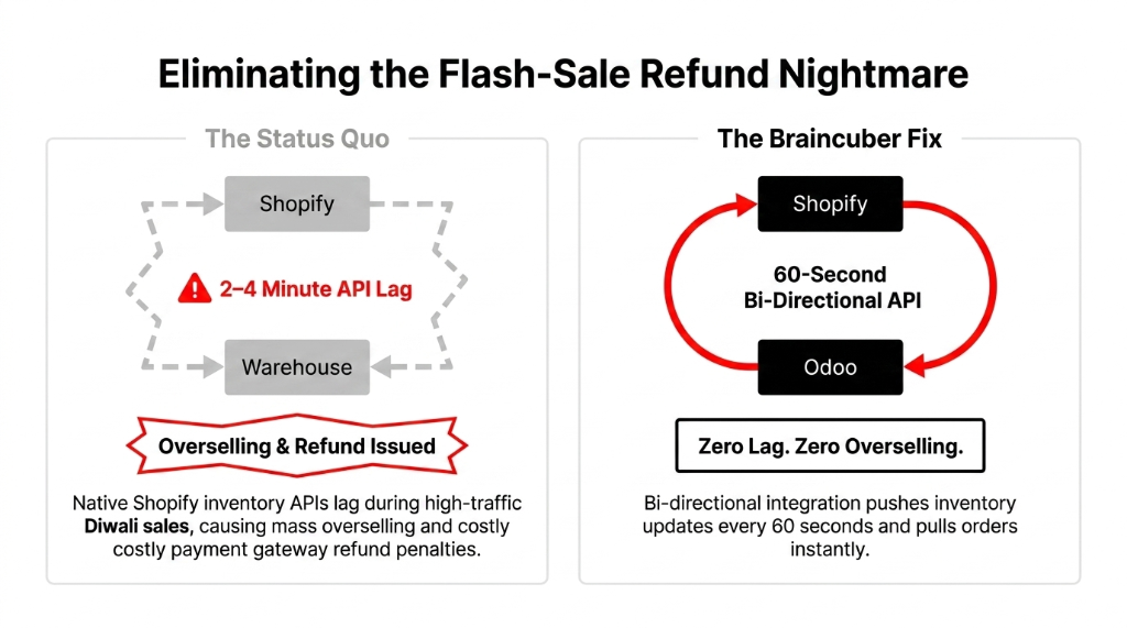 Diagram comparing Shopify 2 to 4 minute API lag causing overselling refunds versus Braincuber 60-second bidirectional Odoo integration eliminating flash sale refund nightmares for pet food D2C