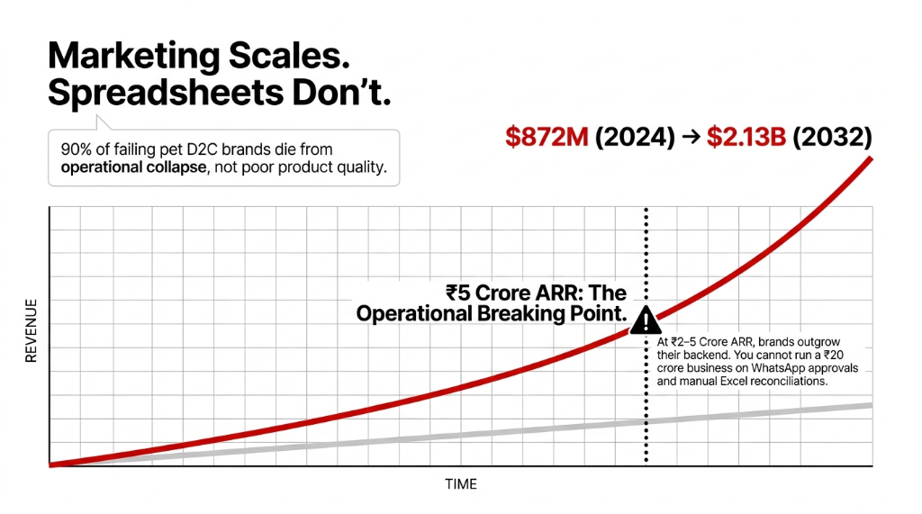 Growth chart showing India pet food market from 872 million dollars 2024 to 2.13 billion 2032 with operational breaking point at 595000 dollars ARR where spreadsheets fail pet D2C brands