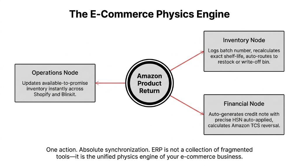 ERP as e-commerce physics engine for skincare brands - diagram showing how a single Amazon product return triggers synchronized updates across inventory node with batch and shelf-life recalculation, operations node with available-to-promise updates across Shopify and Blinkit, and financial node with auto-generated credit note HSN and TCS reversal