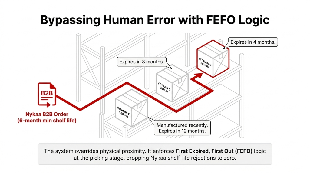 FEFO First Expired First Out logic for skincare e-commerce ERP - diagram showing how Odoo bypasses human error by enforcing expiry-based picking order for Vitamin C serum batches instead of physical proximity picking, dropping Nykaa shelf-life rejections to zero