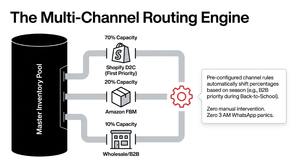 Multi-channel routing engine for stationery D2C showing master inventory pool distributing 70 percent to Shopify D2C 20 percent to Amazon FBM and 10 percent to wholesale B2B with season-based auto-shifting rules