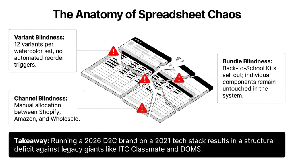 Anatomy of spreadsheet chaos for stationery D2C showing variant blindness with 12 watercolor set variants bundle blindness with back-to-school kits and channel blindness with manual Shopify Amazon wholesale allocation