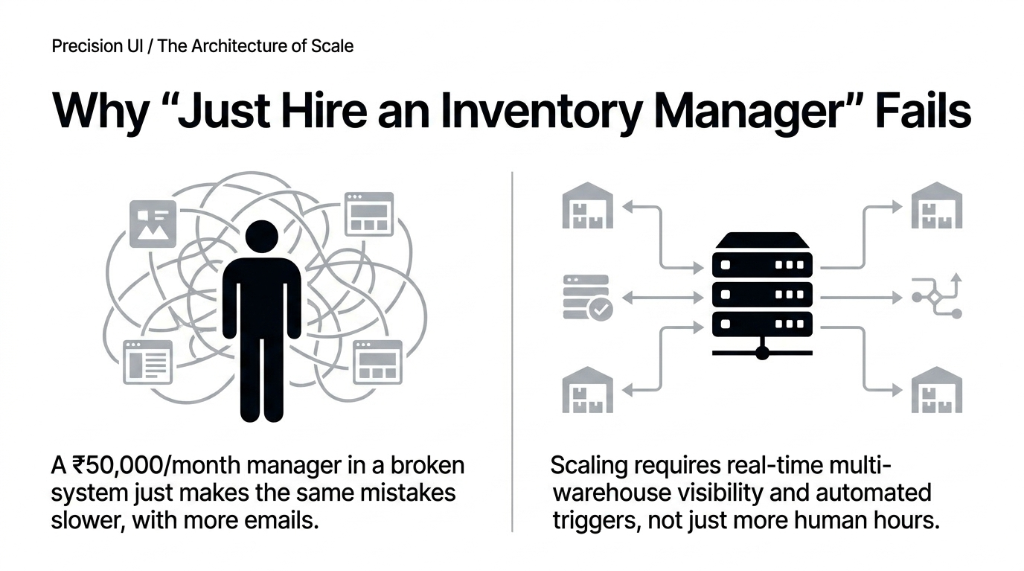 Why just hire an inventory manager fails for stationery D2C showing 595 dollar per month manager in broken system making same mistakes versus scaling with real-time multi-warehouse visibility and automated triggers