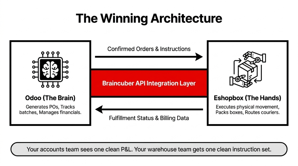The Winning Architecture showing Odoo as The Brain generating POs tracking batches and managing financials connected to Eshopbox as The Hands executing physical movement packing boxes and routing couriers via the Braincuber API Integration Layer with confirmed orders flowing out and fulfillment status and billing data flowing back so accounts team sees one clean P and L and warehouse team gets one clean instruction set