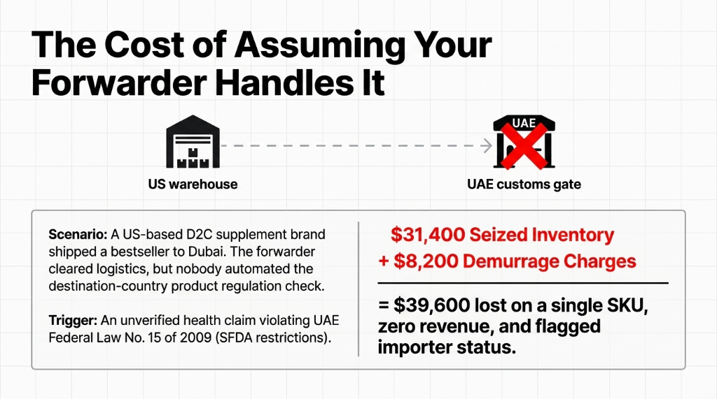 The Cost of Assuming Your Forwarder Handles It - A US-based D2C supplement brand shipped a bestseller to Dubai from US warehouse to UAE customs gate - The forwarder cleared logistics but nobody automated the destination-country product regulation check - Trigger was an unverified health claim violating UAE Federal Law No 15 of 2009 SFDA restrictions - Result was 31400 dollars seized inventory plus 8200 dollars demurrage charges equaling 39600 dollars lost on a single SKU zero revenue and flagged importer status