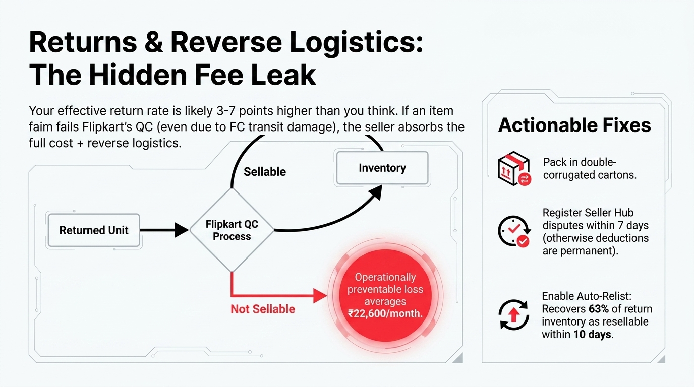 Returns and Reverse Logistics Hidden Fee Leak - Returned unit flows through Flipkart QC Process where Sellable items return to Inventory but Not Sellable items cause operationally preventable loss averaging $2,740 per month - Actionable fixes include double-corrugated cartons and 7-day Seller Hub disputes
