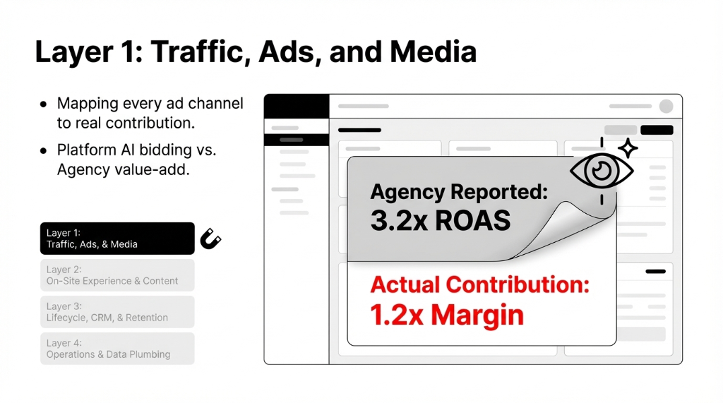 Layer 1: Traffic, Ads, and Media. Mapping every ad channel to real contribution. Platform AI bidding vs Agency value-add. Agency Reported 3.2x ROAS versus Actual Contribution 1.2x Margin shown with a peeled-back reveal effect. The four audit layers listed: Layer 1 Traffic Ads and Media highlighted, Layer 2 On-Site Experience and Content, Layer 3 Lifecycle CRM and Retention, Layer 4 Operations and Data Plumbing.