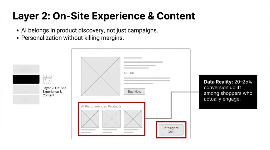 Layer 2: On-Site Experience and Content. AI belongs in product discovery not just campaigns. Personalization without killing margins. A product page wireframe shows AI Recommended Products section and Intelligent Chat widget. Data Reality shows 20-25 percent conversion uplift among shoppers who actually engage.