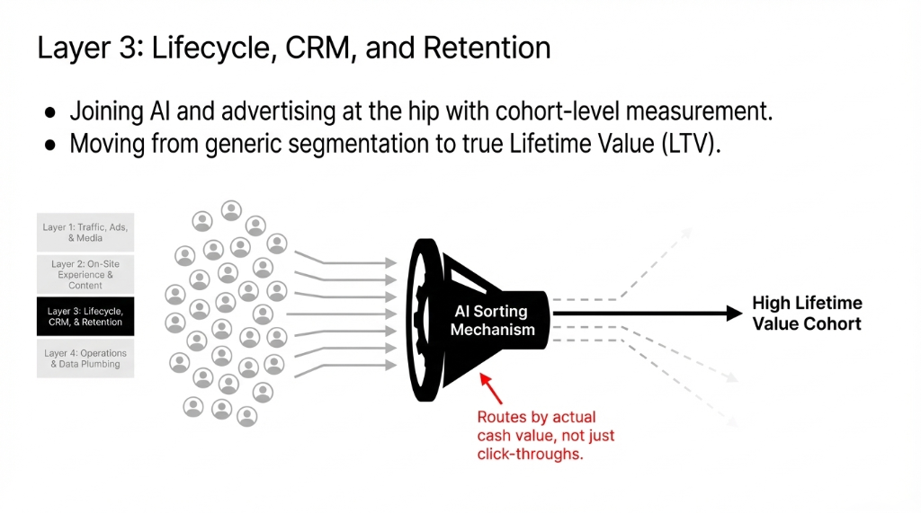 Layer 3: Lifecycle, CRM, and Retention. Joining AI and advertising at the hip with cohort-level measurement. Moving from generic segmentation to true Lifetime Value. An AI Sorting Mechanism funnel routes users by actual cash value not just click-throughs to High Lifetime Value Cohort.