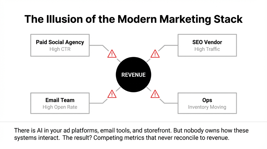 The Illusion of the Modern Marketing Stack: Paid Social Agency with High CTR, SEO Vendor with High Traffic, Email Team with High Open Rate, and Ops with Inventory Moving all connect to Revenue with warning signs. There is AI in your ad platforms, email tools, and storefront but nobody owns how these systems interact. The result is competing metrics that never reconcile to revenue.