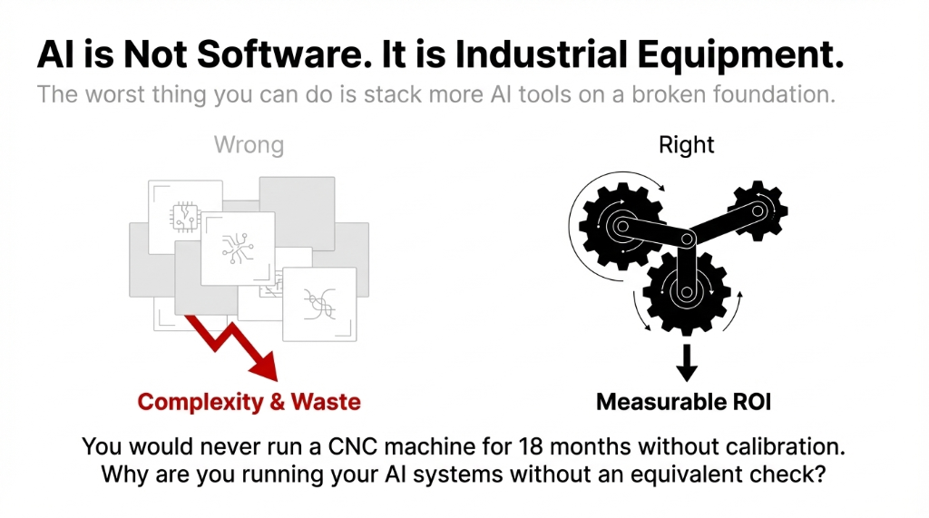 AI is Not Software. It is Industrial Equipment. Left Wrong: stacking more AI tools on a broken foundation leads to Complexity and Waste with red downward arrow. Right: properly calibrated AI systems like interlocking gears leads to Measurable ROI. You would never run a CNC machine for 18 months without calibration. Why are you running your AI systems without an equivalent check?