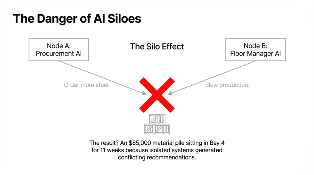 The Danger of AI Siloes. Node A Procurement AI says order more steel. Node B Floor Manager AI says slow production. The Silo Effect where isolated systems generate conflicting recommendations. The result: an $85,000 material pile sitting in Bay 4 for 11 weeks because isolated systems generated conflicting recommendations.