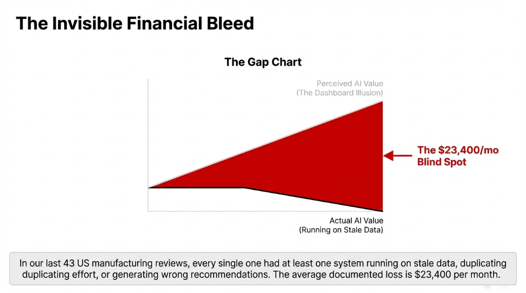The Invisible Financial Bleed. Gap Chart showing perceived AI value as the Dashboard Illusion versus actual AI value running on stale data. The red gap between them is the $23,400 per month blind spot. In our last 43 US manufacturing reviews every single one had at least one system running on stale data duplicating effort or generating wrong recommendations. The average documented loss is $23,400 per month.