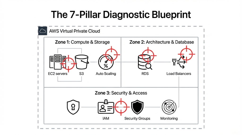 7-pillar AWS diagnostic blueprint showing three audit zones covering EC2 servers S3 auto scaling RDS load balancers IAM security groups and monitoring within AWS Virtual Private Cloud