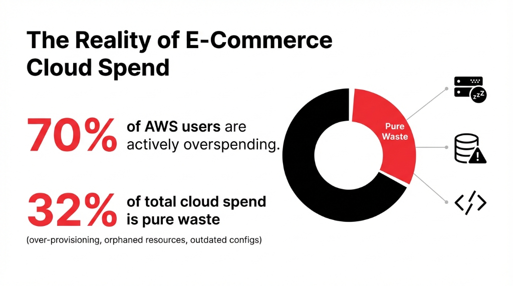 E-commerce cloud spend reality showing 70 percent of AWS users actively overspending and 32 percent of total cloud spend wasted on over-provisioning orphaned resources and outdated configurations