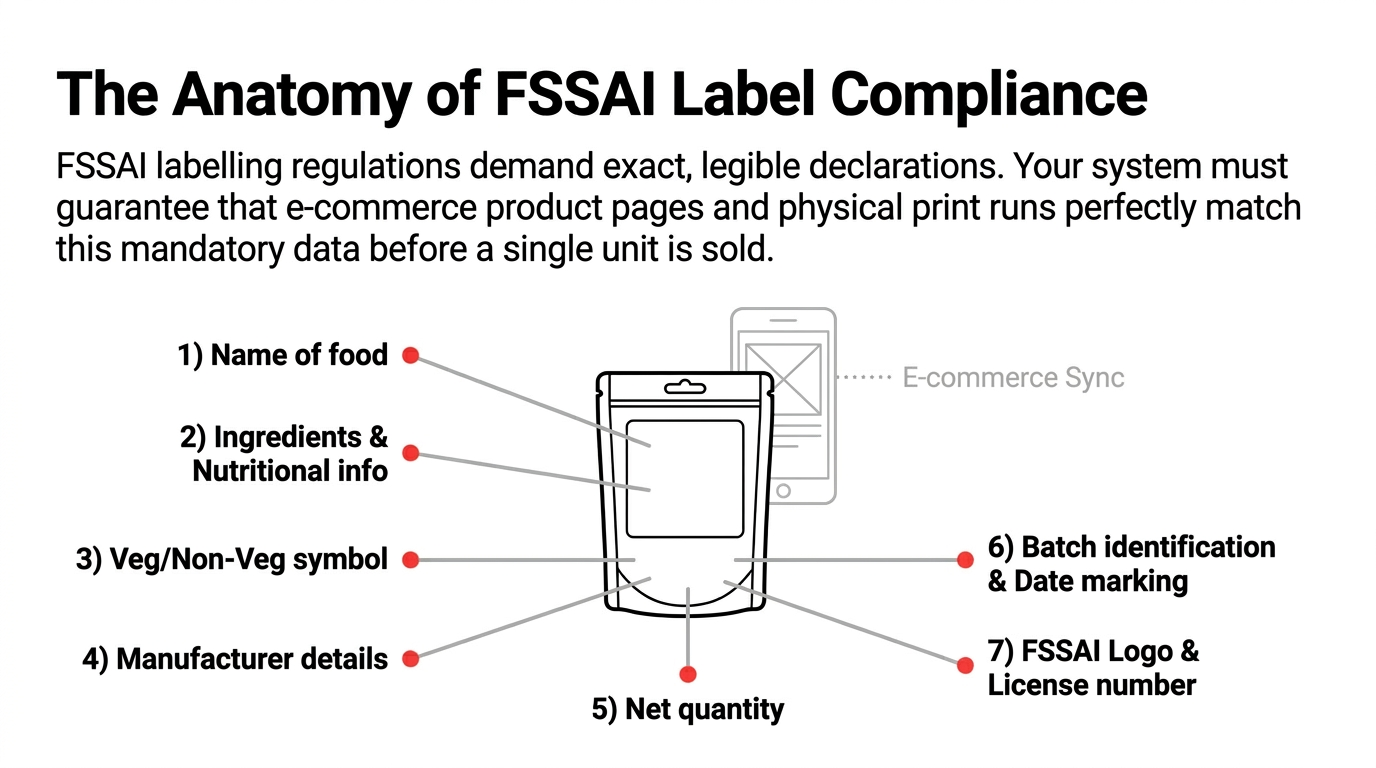 The Anatomy of FSSAI Label Compliance - FSSAI labelling regulations demand exact legible declarations with 7 mandatory fields - 1 Name of food 2 Ingredients and Nutritional info 3 Veg or Non-Veg symbol 4 Manufacturer details 5 Net quantity 6 Batch identification and Date marking 7 FSSAI Logo and License number - E-commerce Sync must guarantee product pages and physical print runs match before a single unit is sold