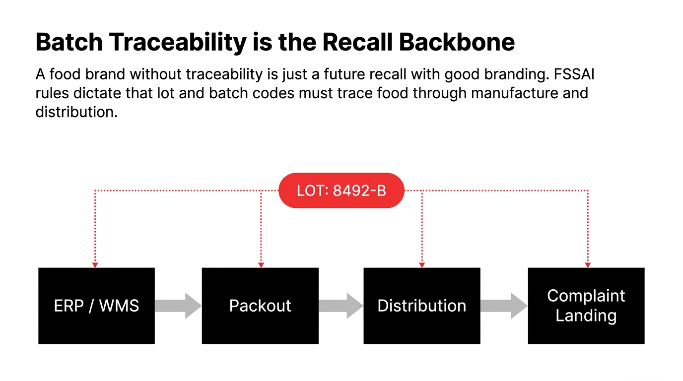 Batch Traceability is the Recall Backbone - A food brand without traceability is just a future recall with good branding - FSSAI rules dictate lot and batch codes must trace food through manufacture and distribution - LOT 8492-B traced across ERP WMS to Packout to Distribution to Complaint Landing