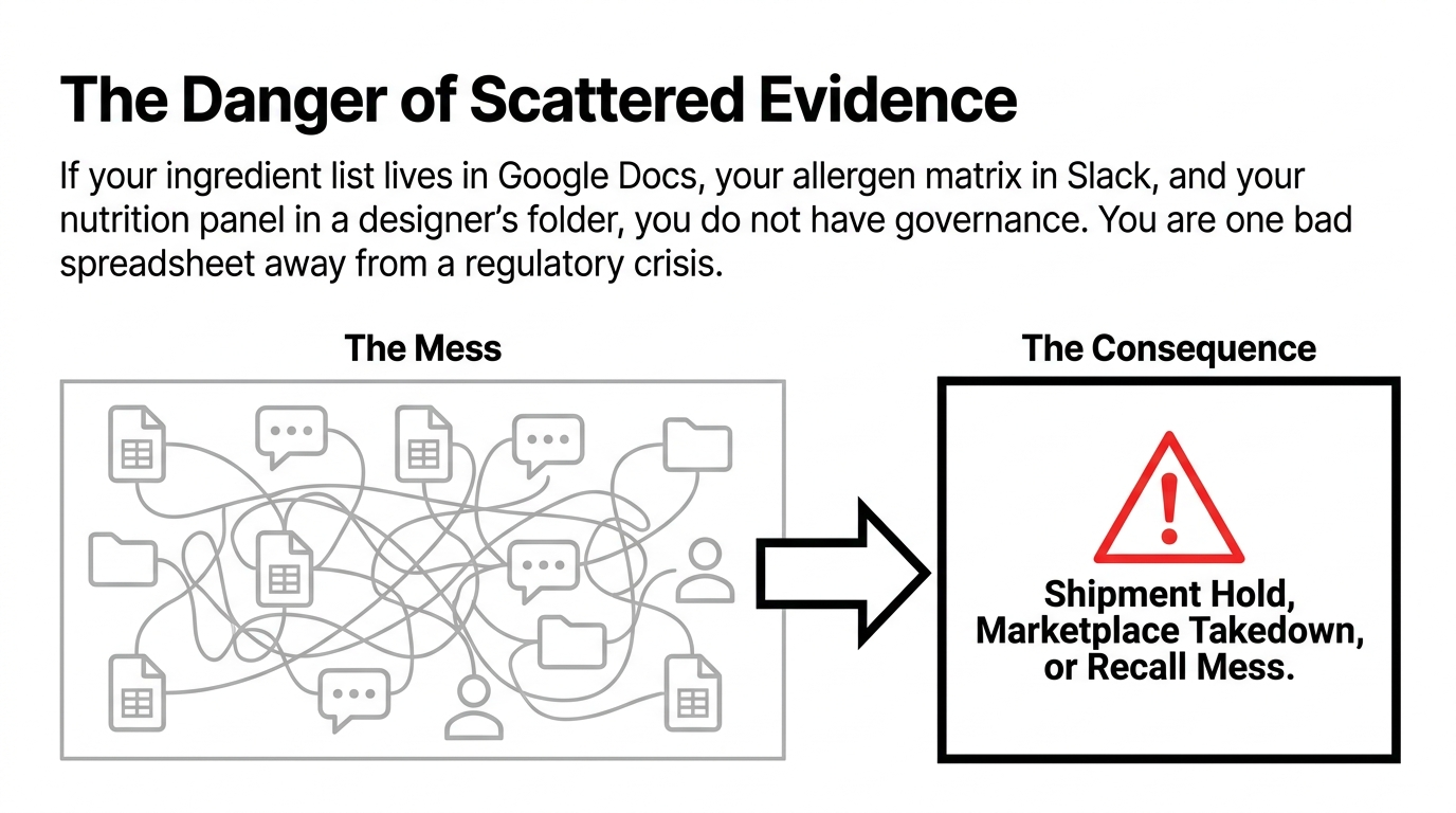 The Danger of Scattered Evidence - If your ingredient list lives in Google Docs your allergen matrix in Slack and your nutrition panel in a designers folder you do not have governance - The Mess of tangled spreadsheets chat messages and documents leads to The Consequence of Shipment Hold Marketplace Takedown or Recall Mess