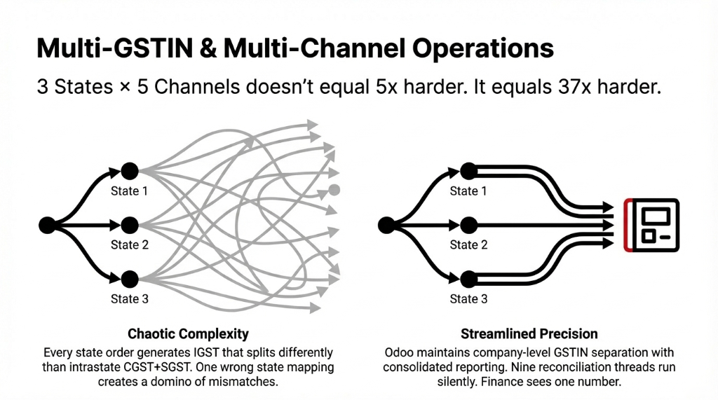 Multi-GSTIN and Multi-Channel Operations - 3 States times 5 Channels does not equal 5x harder, it equals 37x harder. Left side shows Chaotic Complexity where every state order generates IGST that splits differently than intrastate CGST plus SGST and one wrong state mapping creates a domino of mismatches. Right side shows Streamlined Precision where Odoo maintains company-level GSTIN separation with consolidated reporting and nine reconciliation threads run silently while finance sees one number.