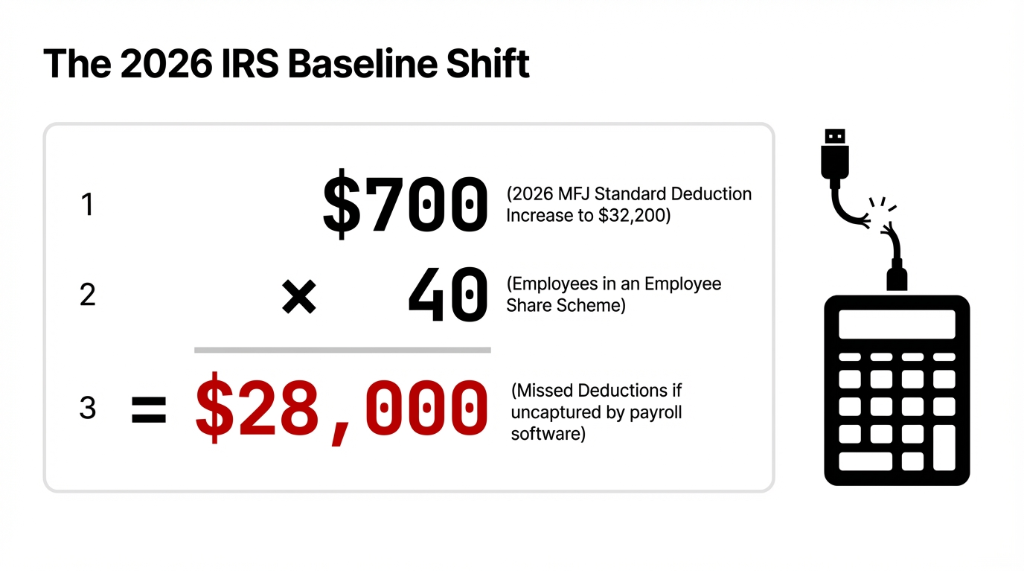 The 2026 IRS Baseline Shift. A calculation box showing: Step 1: $700 (2026 MFJ Standard Deduction Increase to $32,200). Step 2: multiplied by 40 (Employees in an Employee Share Scheme). Step 3: equals $28,000 in red (Missed Deductions if uncaptured by payroll software). A calculator icon with an unplugged USB cable sits to the right.