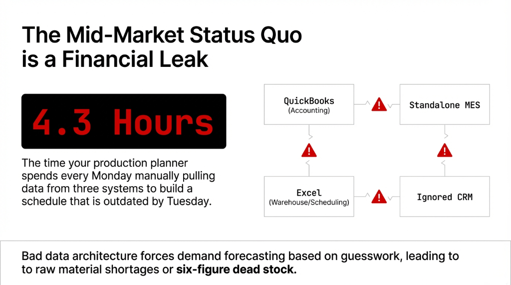 The Mid-Market Status Quo is a Financial Leak. Production planner spends 4.3 hours every Monday pulling data from QuickBooks Accounting, Standalone MES, Excel Warehouse Scheduling, and Ignored CRM. Bad data architecture forces demand forecasting based on guesswork leading to raw material shortages or six-figure dead stock.