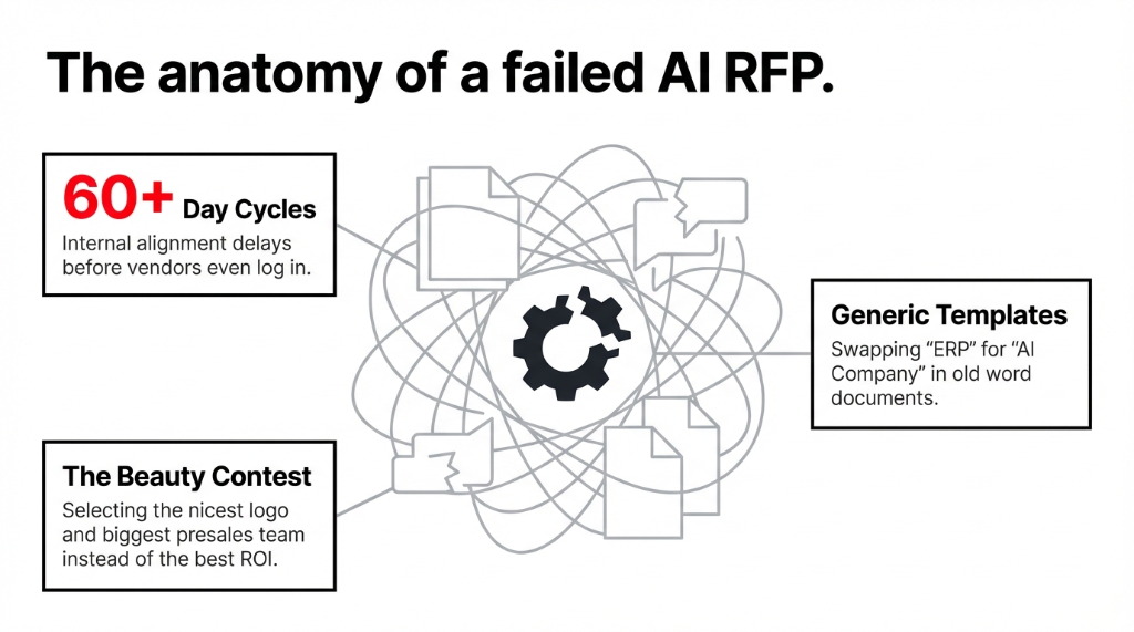 The anatomy of a failed AI RFP. Three problems shown: 60+ Day Cycles from internal alignment delays before vendors even log in, The Beauty Contest where teams select the nicest logo and biggest presales team instead of the best ROI, and Generic Templates where teams swap ERP for AI Company in old word documents.