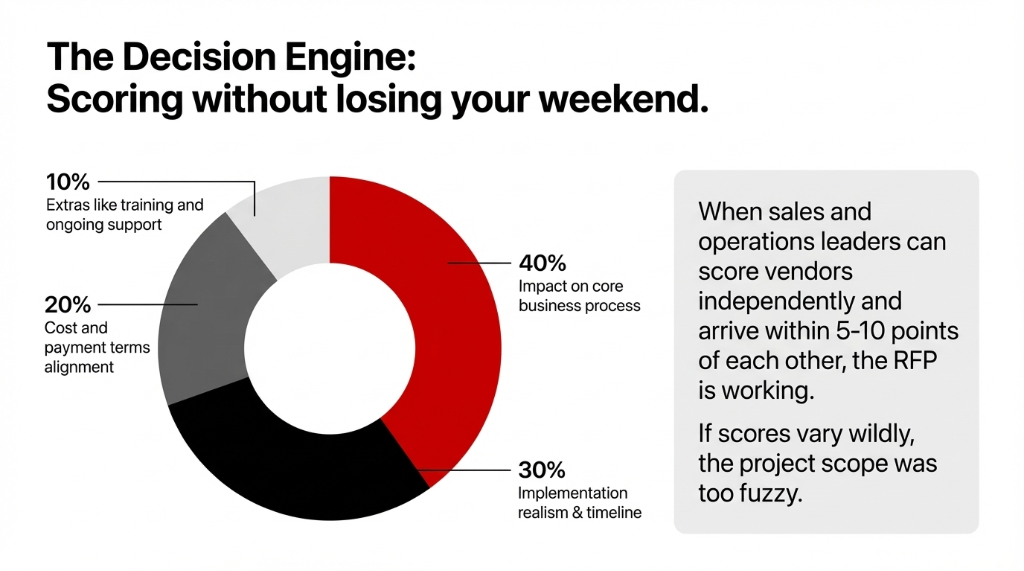 The Decision Engine: Scoring without losing your weekend. A donut chart showing the scoring breakdown: 40% Impact on core business process, 30% Implementation realism and timeline, 20% Cost and payment terms alignment, 10% Extras like training and ongoing support. Sidebar text reads: When sales and operations leaders can score vendors independently and arrive within 5-10 points of each other, the RFP is working. If scores vary wildly, the project scope was too fuzzy.