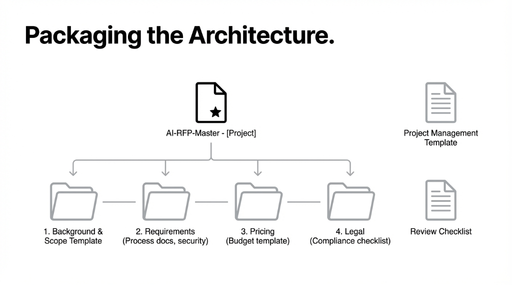 Packaging the Architecture. A hierarchical folder structure showing AI-RFP-Master project file at the top, branching into four folders: 1. Background and Scope Template, 2. Requirements (Process docs, security), 3. Pricing (Budget template), 4. Legal (Compliance checklist). Two standalone documents sit beside the structure: Project Management Template and Review Checklist.