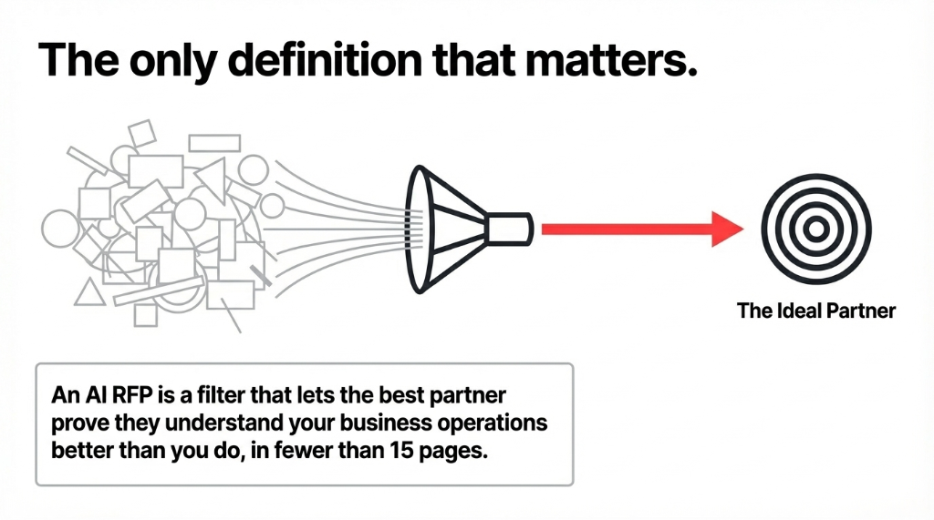 The only definition that matters. A funnel diagram showing scattered vendor proposals on the left being filtered through a funnel into a red arrow pointing at a bullseye target labeled The Ideal Partner. Caption reads: An AI RFP is a filter that lets the best partner prove they understand your business operations better than you do, in fewer than 15 pages.