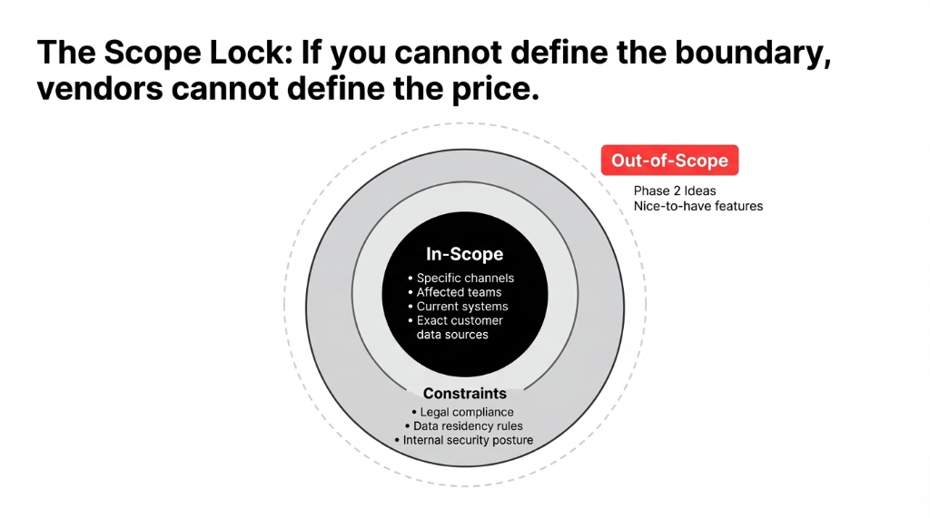 The Scope Lock: If you cannot define the boundary, vendors cannot define the price. Concentric circles diagram showing In-Scope at center with specific channels, affected teams, current systems, and exact customer data sources. Middle ring shows Constraints including legal compliance, data residency rules, and internal security posture. Outer dashed ring marks Out-of-Scope items like Phase 2 Ideas and Nice-to-have features.