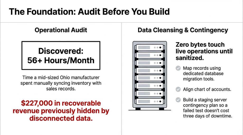 A step-stair graph showing The Compound ROI of Enterprise AI hitting 128.3% ROI delivering $527,400 over 36 months