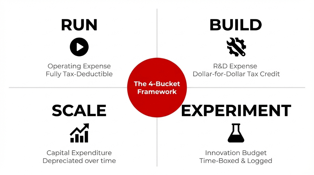 The 4-Bucket Framework for AI budget classification. Run bucket is Operating Expense and Fully Tax-Deductible. Build bucket is R and D Expense with Dollar-for-Dollar Tax Credit. Scale bucket is Capital Expenditure Depreciated over time. Experiment bucket is Innovation Budget that is Time-Boxed and Logged.