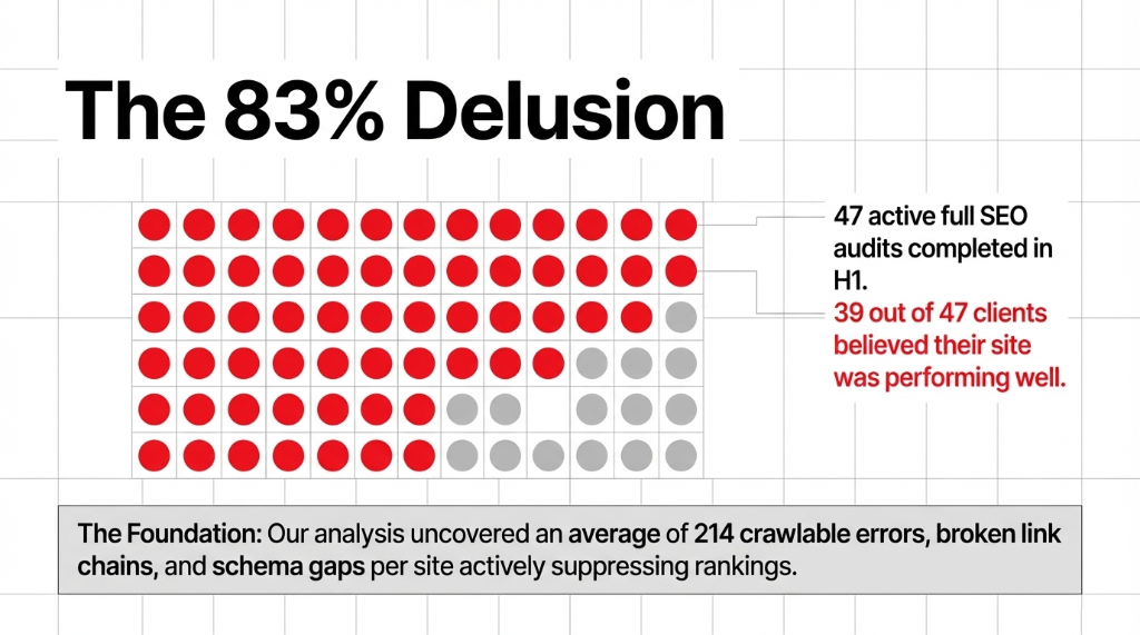 The 83% Delusion &mdash; 47 active full SEO audits completed in H1. 39 out of 47 clients believed their site was performing well. Our analysis uncovered an average of 214 crawlable errors, broken link chains, and schema gaps per site actively suppressing rankings.