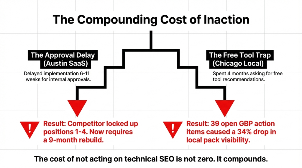 The Compounding Cost of Inaction &mdash; The Approval Delay: Austin SaaS delayed implementation 6-11 weeks for internal approvals, competitor locked up positions 1-4, now requires 9-month rebuild. The Free Tool Trap: Chicago Local spent 4 months asking for free tool recommendations, 39 open GBP action items caused 34% drop in local pack visibility. The cost of not acting on technical SEO is not zero. It compounds.