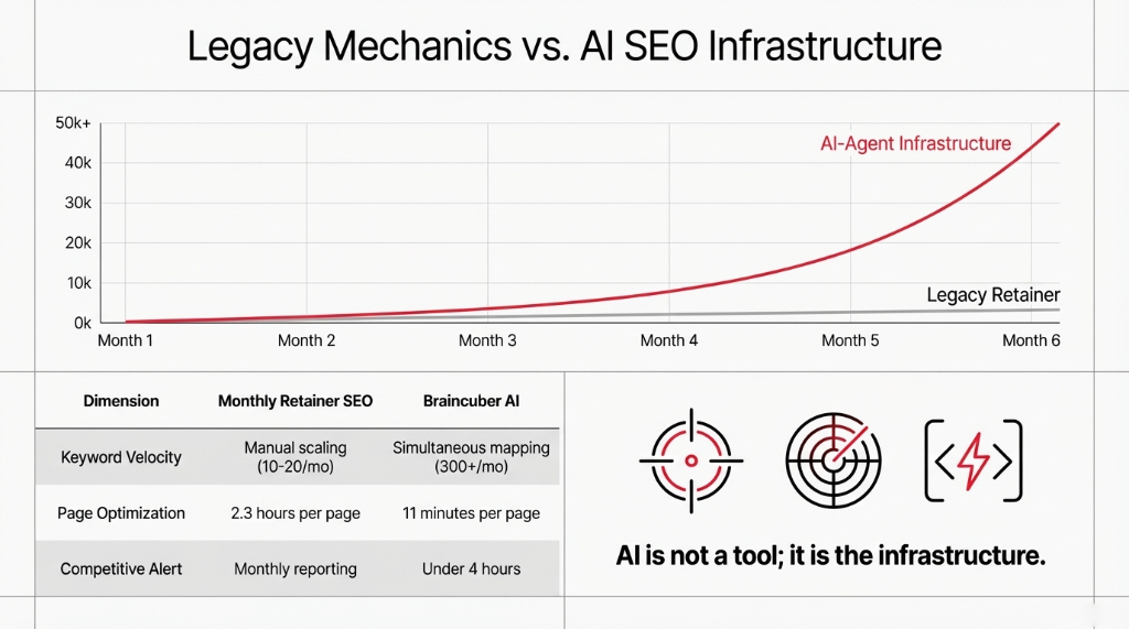 Legacy Mechanics vs. AI SEO Infrastructure &mdash; growth curve showing AI-Agent Infrastructure scaling exponentially to 50K+ while Legacy Retainer stays flat. Comparison table: Keyword Velocity manual scaling at 10-20 per month vs simultaneous mapping at 300+ per month. Page Optimization at 2.3 hours per page vs 11 minutes. Competitive Alert monthly reporting vs under 4 hours. AI is not a tool; it is the infrastructure.