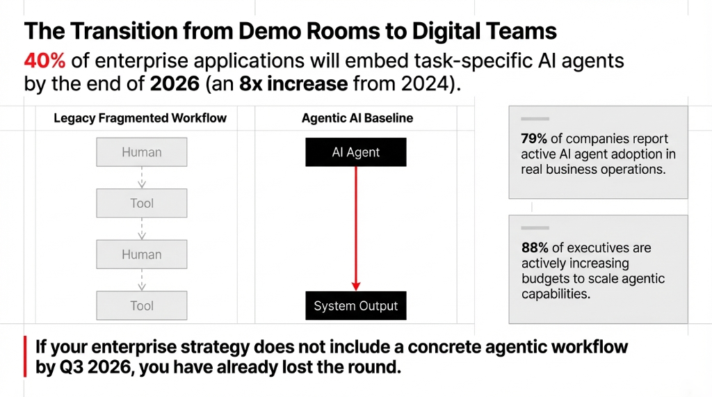The Transition from Demo Rooms to Digital Teams. Header stat: 40% of enterprise applications will embed task-specific AI agents by the end of 2026, an 8x increase from 2024. Side-by-side comparison. Left: Legacy Fragmented Workflow showing Human to Tool to Human to Tool chain. Right: Agentic AI Baseline showing a single AI Agent connecting directly to System Output via a red arrow. Two stat cards: 79% of companies report active AI agent adoption in real business operations, and 88% of executives are actively increasing budgets to scale agentic capabilities. Bottom text: If your enterprise strategy does not include a concrete agentic workflow by Q3 2026, you have already lost the round.