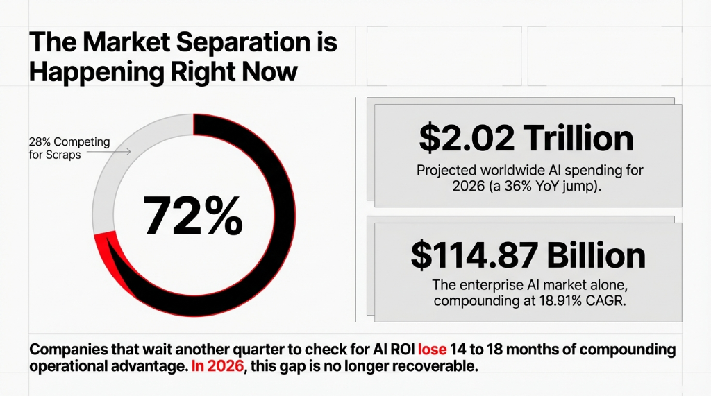 The Market Separation is Happening Right Now. A donut chart showing 72% of companies actively adopting AI with 28% competing for scraps. Two data cards beside it: $2.02 Trillion in projected worldwide AI spending for 2026 (a 36% YoY jump), and $114.87 Billion for the enterprise AI market alone, compounding at 18.91% CAGR. Bottom text reads: Companies that wait another quarter to check for AI ROI lose 14 to 18 months of compounding operational advantage. In 2026, this gap is no longer recoverable.