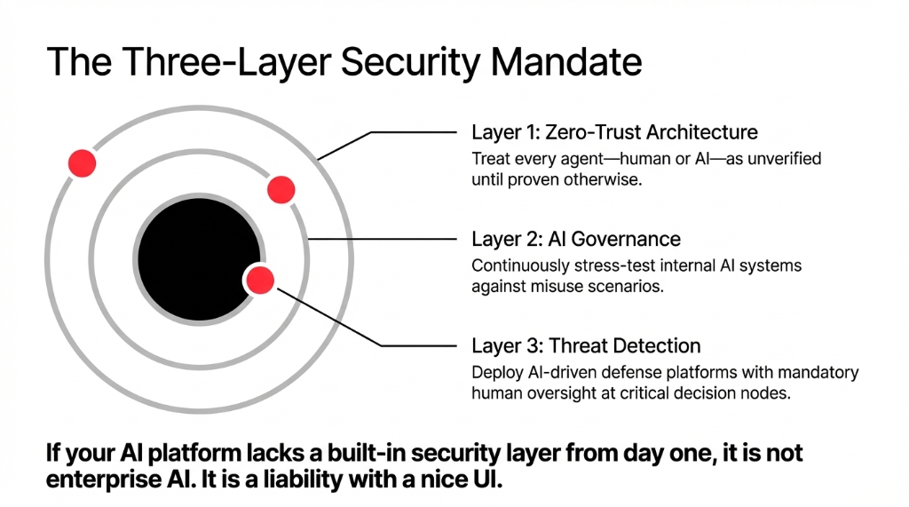 The Three-Layer Security Mandate. Concentric circles diagram with a dark core. Three red dots mark the layers. Layer 1: Zero-Trust Architecture. Treat every agent, human or AI, as unverified until proven otherwise. Layer 2: AI Governance. Continuously stress-test internal AI systems against misuse scenarios. Layer 3: Threat Detection. Deploy AI-driven defense platforms with mandatory human oversight at critical decision nodes. Bottom text reads: If your AI platform lacks a built-in security layer from day one, it is not enterprise AI. It is a liability with a nice UI.