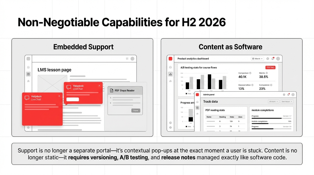 Non-Negotiable Capabilities for H2 2026 &mdash; Embedded Support showing helpdesk live chat widgets and PDF Steps Reader integrated directly into LMS lesson pages. Content as Software showing a product analytics dashboard with A/B testing stats for course flows, 40.1K completion at 38.5%, PDF reading stats, and module completions tracking with versioning. Support is no longer a separate portal, it is contextual pop-ups at the exact moment a user is stuck. Content is no longer static, it requires versioning, A/B testing, and release notes managed exactly like software code.