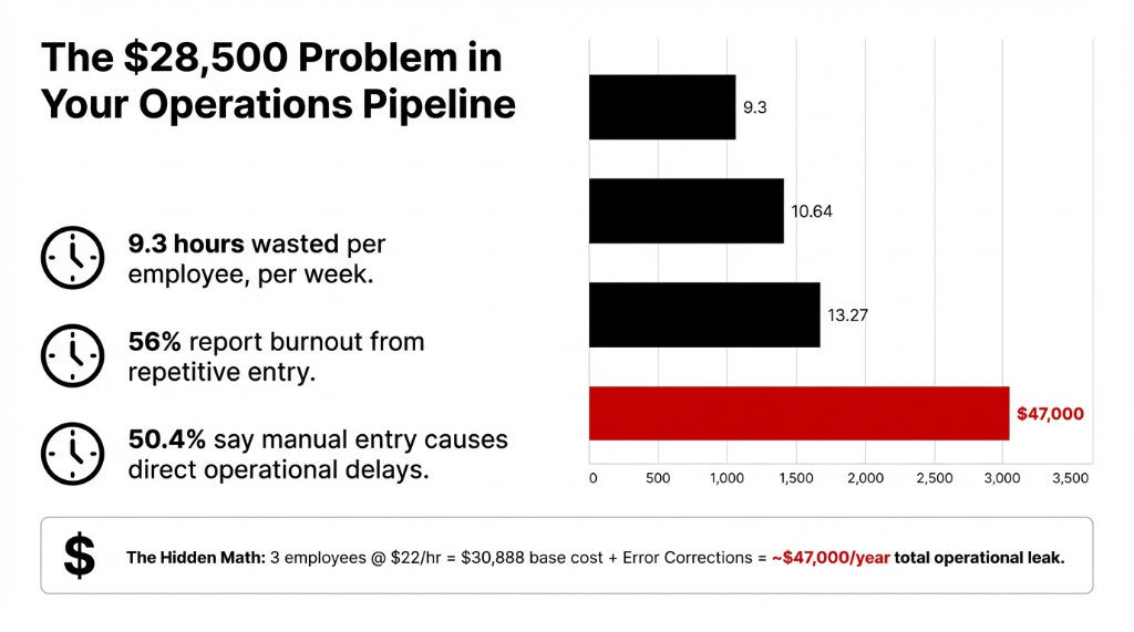 The $28,500 Problem in Your Operations Pipeline: bar chart showing escalating costs from 9.3 hours wasted per employee per week, to $47,000 total operational leak. 56% report burnout from repetitive entry. 50.4% say manual entry causes direct operational delays. The Hidden Math shows 3 employees at $22 per hour equals $30,888 base cost plus error corrections equals approximately $47,000 per year total operational leak.
