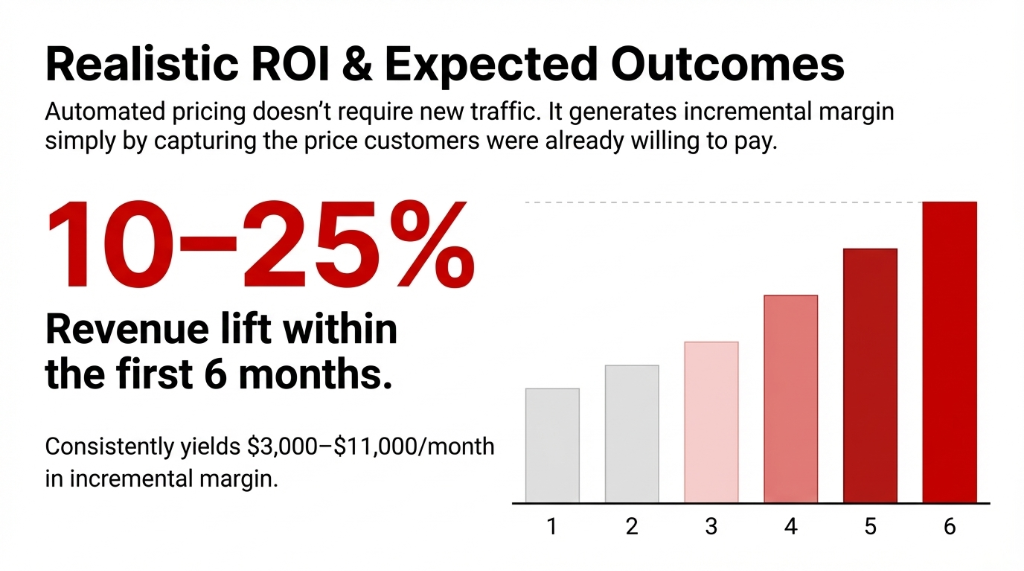 Realistic ROI and Expected Outcomes: Bar chart showing a 10-25 percent revenue lift within the first 6 months capturing margin