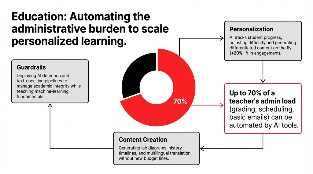 Education: Automating the administrative burden to scale personalized learning. 70% donut chart showing up to 70 percent of a teacher admin load including grading scheduling and basic emails can be automated by AI tools. Personalization tracks student progress with 20 percent lift in engagement. Content Creation generates lab diagrams and history timelines. Guardrails deploy AI detection and text-checking pipelines for academic integrity.
