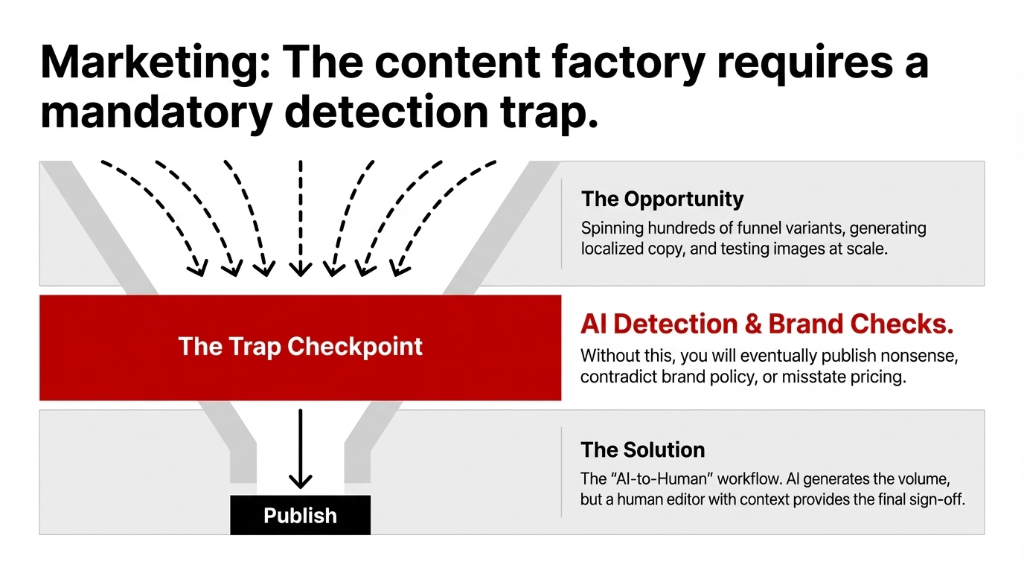 Marketing: The content factory requires a mandatory detection trap. The Opportunity shows spinning hundreds of funnel variants and testing images at scale. The Trap Checkpoint is the AI Detection and Brand Checks stage. Without this you will eventually publish nonsense or misstate pricing. The Solution is the AI-to-Human workflow where AI generates the volume but a human editor with context provides the final sign-off.