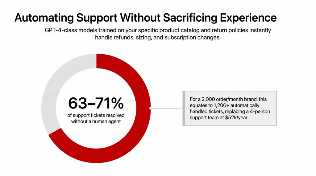 Automating Support Without Sacrificing Experience. 63-71% of support tickets resolved without a human agent, replacing a 4-person support team.
