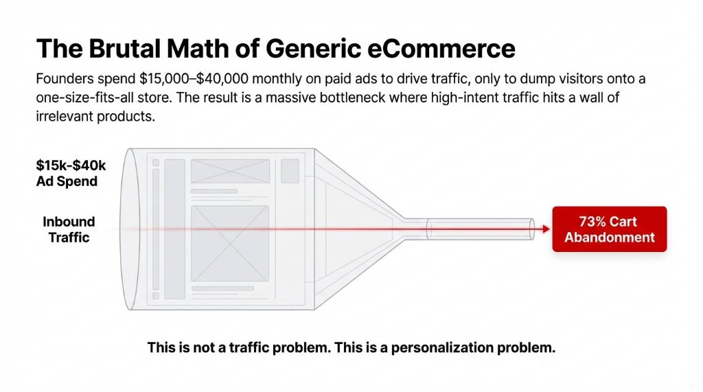 The Brutal Math of Generic eCommerce. $15k-$40k Ad Spend dumped onto a one-size-fits-all store results in a 73% Cart Abandonment.