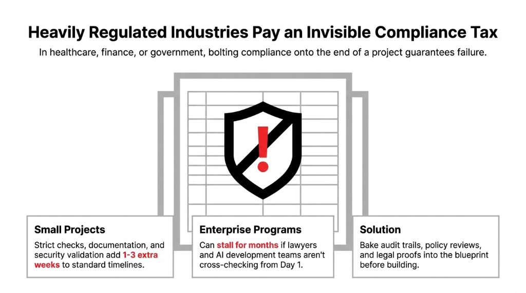 Heavily Regulated Industries Pay an Invisible Compliance Tax. In healthcare, finance, or government, bolting compliance onto the end of a project guarantees failure. A large shield icon with an exclamation mark in the center. Three panels below: Small Projects - Strict checks, documentation, and security validation add 1-3 extra weeks to standard timelines. Enterprise Programs - Can stall for months if lawyers and AI development teams are not cross-checking from Day 1. Solution - Bake audit trails, policy reviews, and legal proofs into the blueprint before building.