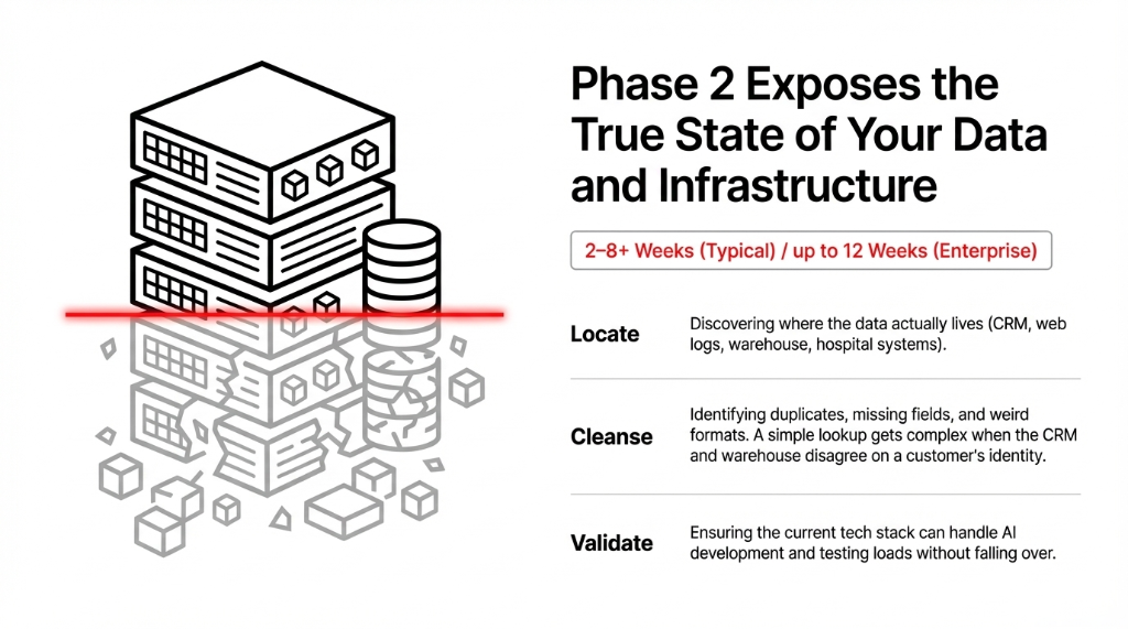 Phase 2 Exposes the True State of Your Data and Infrastructure. 2-8+ Weeks Typical, up to 12 Weeks for Enterprise. An illustration of a crumbling database stack with scattered data blocks. Three steps listed: Locate - Discovering where the data actually lives (CRM, web logs, warehouse, hospital systems). Cleanse - Identifying duplicates, missing fields, and weird formats. A simple lookup gets complex when the CRM and warehouse disagree on a customer identity. Validate - Ensuring the current tech stack can handle AI development and testing loads without falling over.
