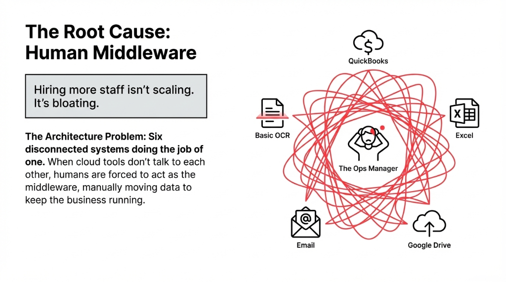 The Root Cause: Human Middleware. Hiring more staff isn't scaling, it's bloating. The Architecture Problem: Six disconnected systems doing the job of one. QuickBooks, Basic OCR, Email, Google Drive, Excel all connected through The Ops Manager acting as human middleware. When cloud tools don't talk to each other, humans are forced to act as the middleware, manually moving data to keep the business running.